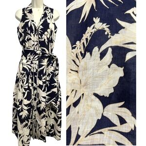 Christy Lynn Dress Womens XS Navy Linen Sleeveless Belted Button Floral Tropical